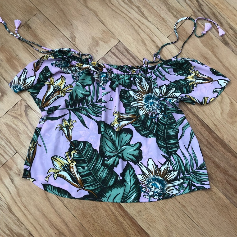 JCrew factory off the shoulder geological palm leaf print shirt with tassels